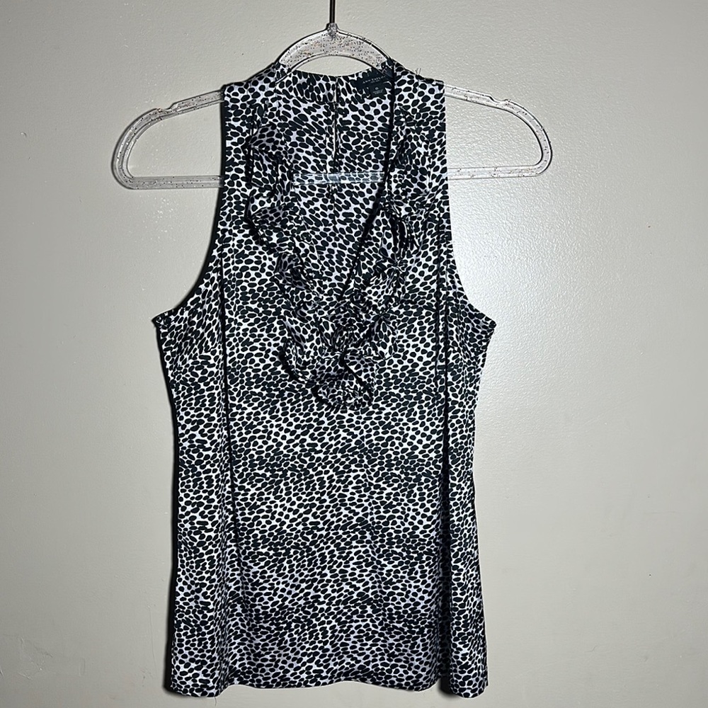 Ann Taylor Speckled Ruffle Sleeveless Black White Career Top | 6